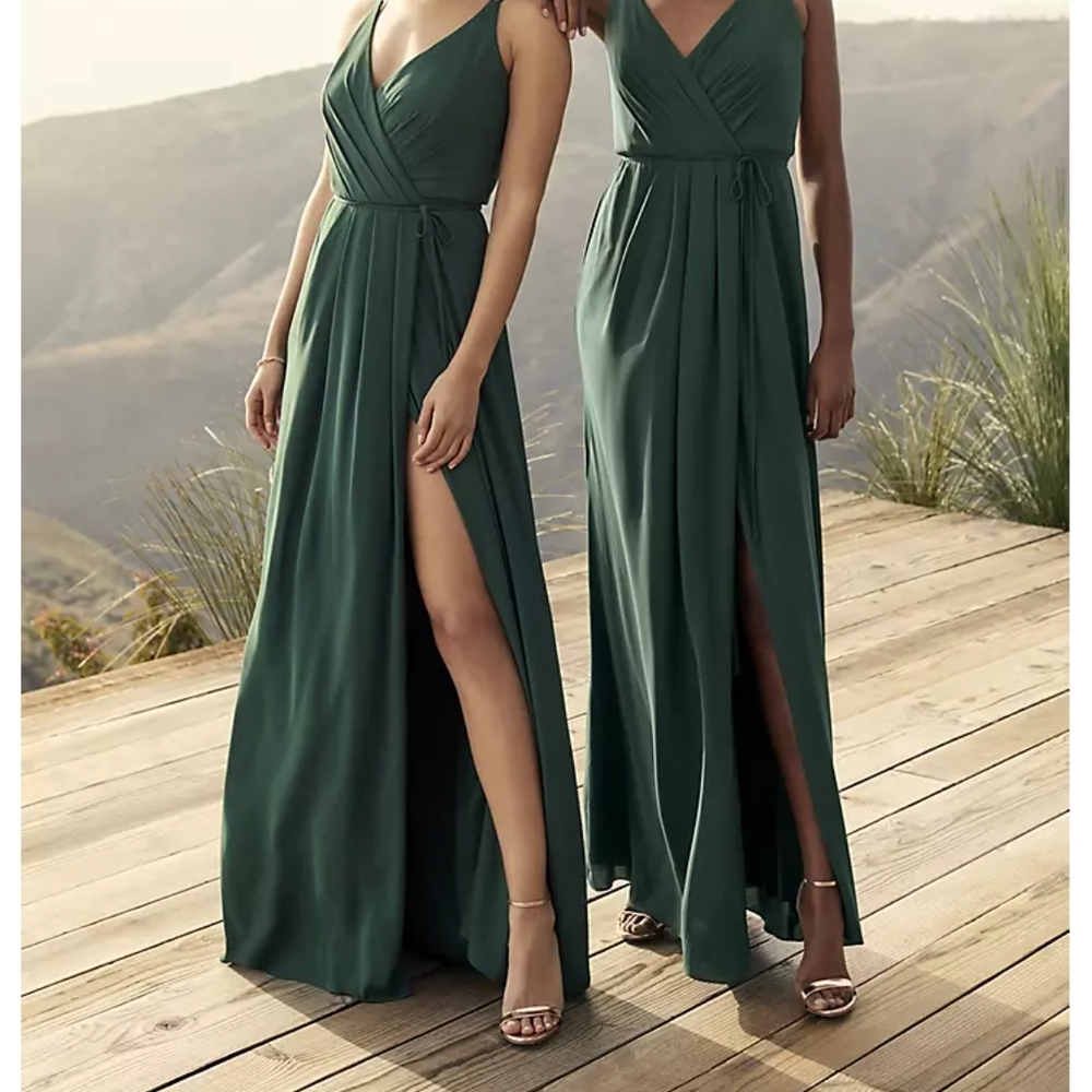 Davids Bridal Double-Strap Georgette Emerald Green Wrap Maxi Dress